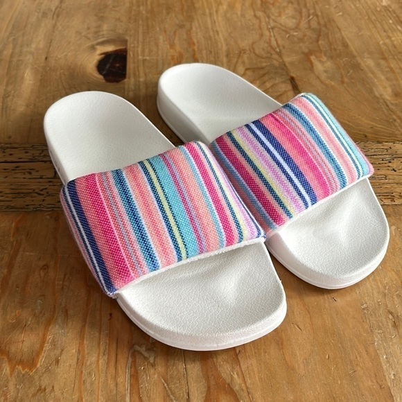 ROXY Women’s Slippy Terry Slides Sandals white multi rainbow cloth upper 8 - Picture 1 of 10